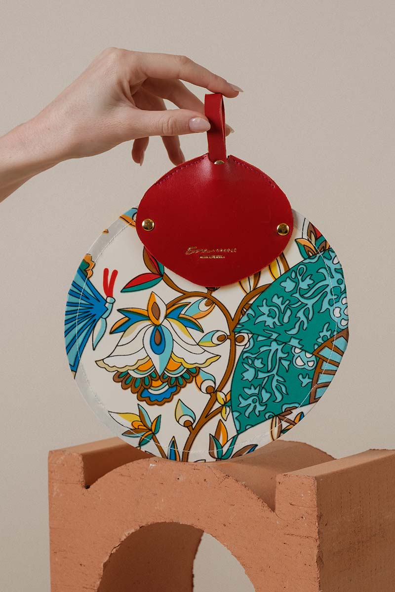 Éventail de poche pliable en soie et cuir – imprimé Kyoto