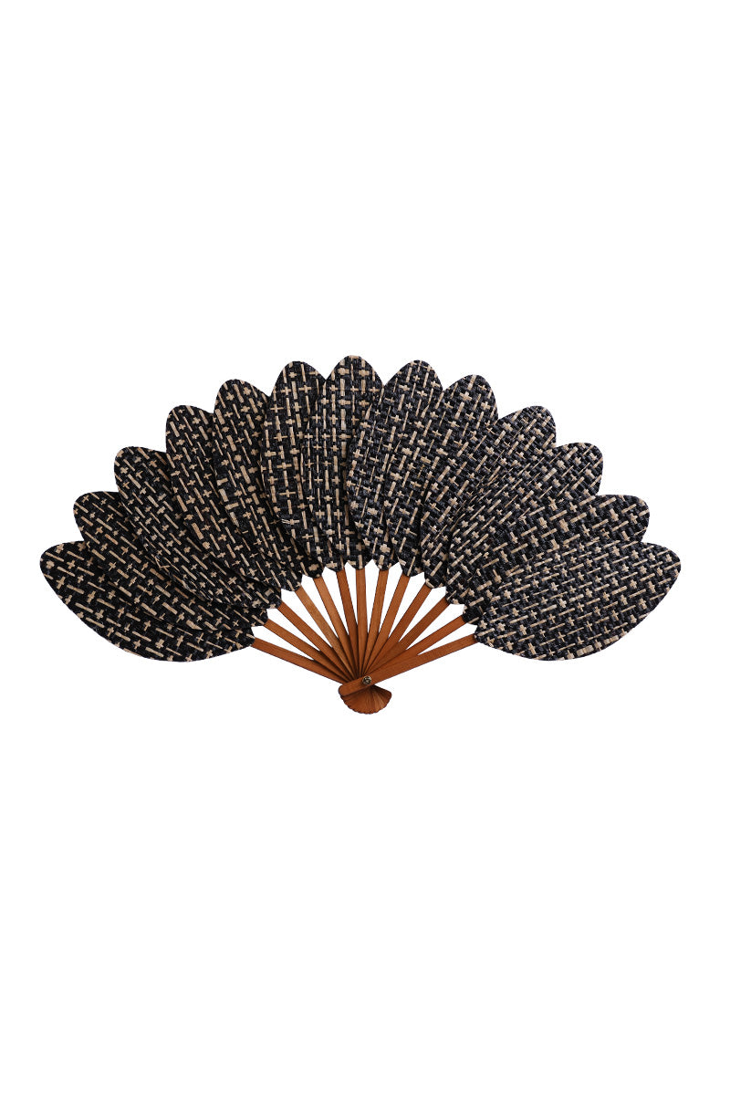Éventail de luxe en raphia tissé noir & blanc façon tweed