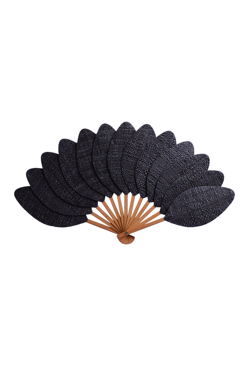 Éventail de luxe en raphia noir naturel