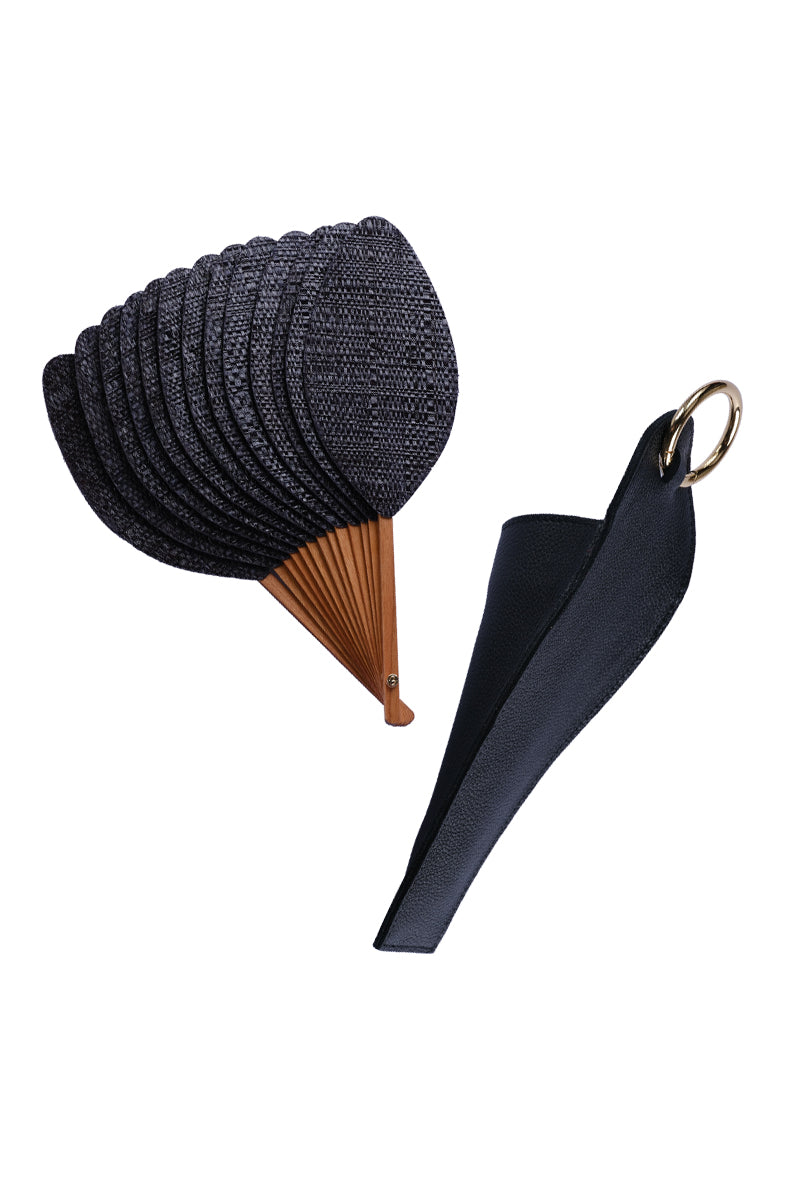 Éventail de luxe en raphia noir naturel